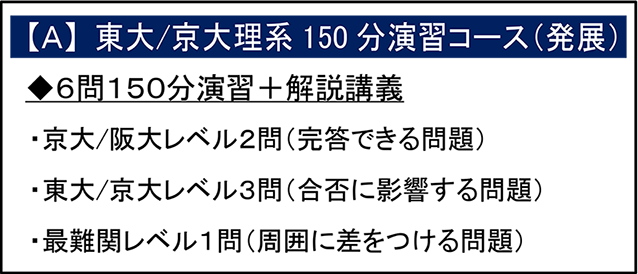 【A】東大/京大理系150分演習コース（発展）
6問150分演習+解説講義
京大/阪大レベル2問(完答できる問題)
東大/京大レベル3問(合否に影響する問題)
最難関レベル1問(周囲に差をつける問題)