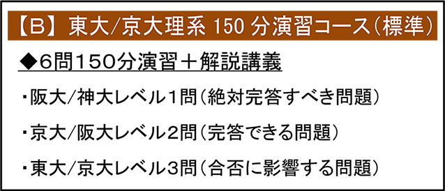 【B】東大/京大理系150分演習コース（標準）
6問150分演習+解説講義
阪大/神大レベル1問(絶対完答すべき問題)
京大/阪大レベル2問(完答できる問題)
東大/京大レベル3問(合否に影響する問題)
