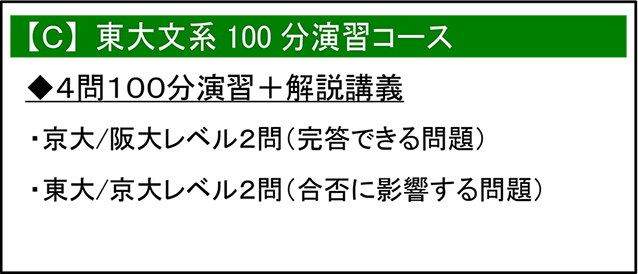 【C】東大文系100分演習コース
4問100分演習+解説講義
京大/阪大レベル2問(完答できる問題)
東大/京大レベル2問(合否に影響する問題)
