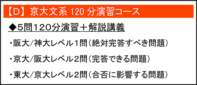 【D】東大文系120分演習コース
5問120分演習+解説講義
阪大/神大レベル1問(絶対完答すべき問題)
京大/阪大レベル2問(完答できる問題)
東大/京大レベル2問(合否に影響する問題)
